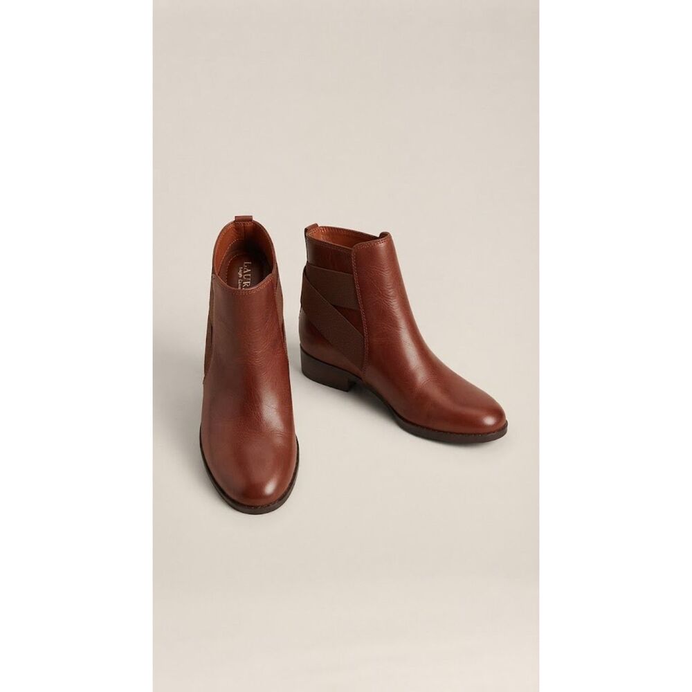 Lauren Ralph Lauren Kaliyah Brown Leather Elastic Strap Ankle Booties Chunky 6B